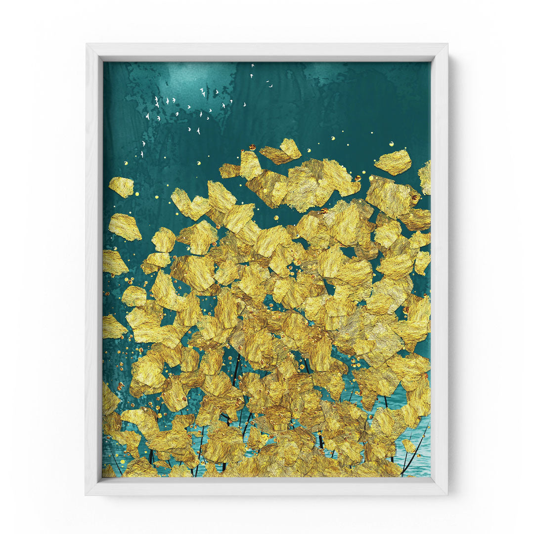 Turquoise Tranquility: Golden Blossoms Wall Art Frame