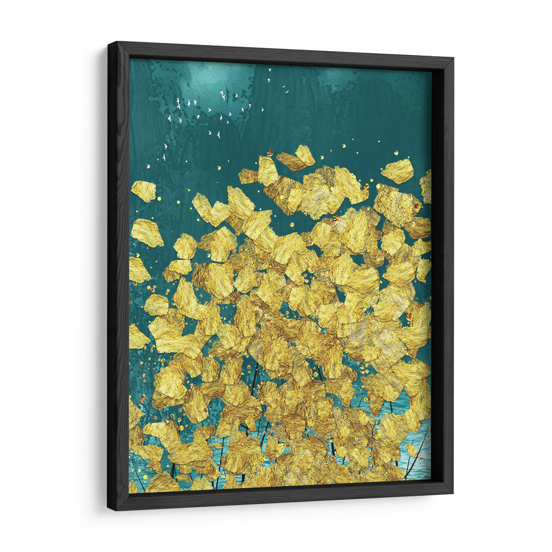 Turquoise Tranquility: Golden Blossoms Wall Art Frame