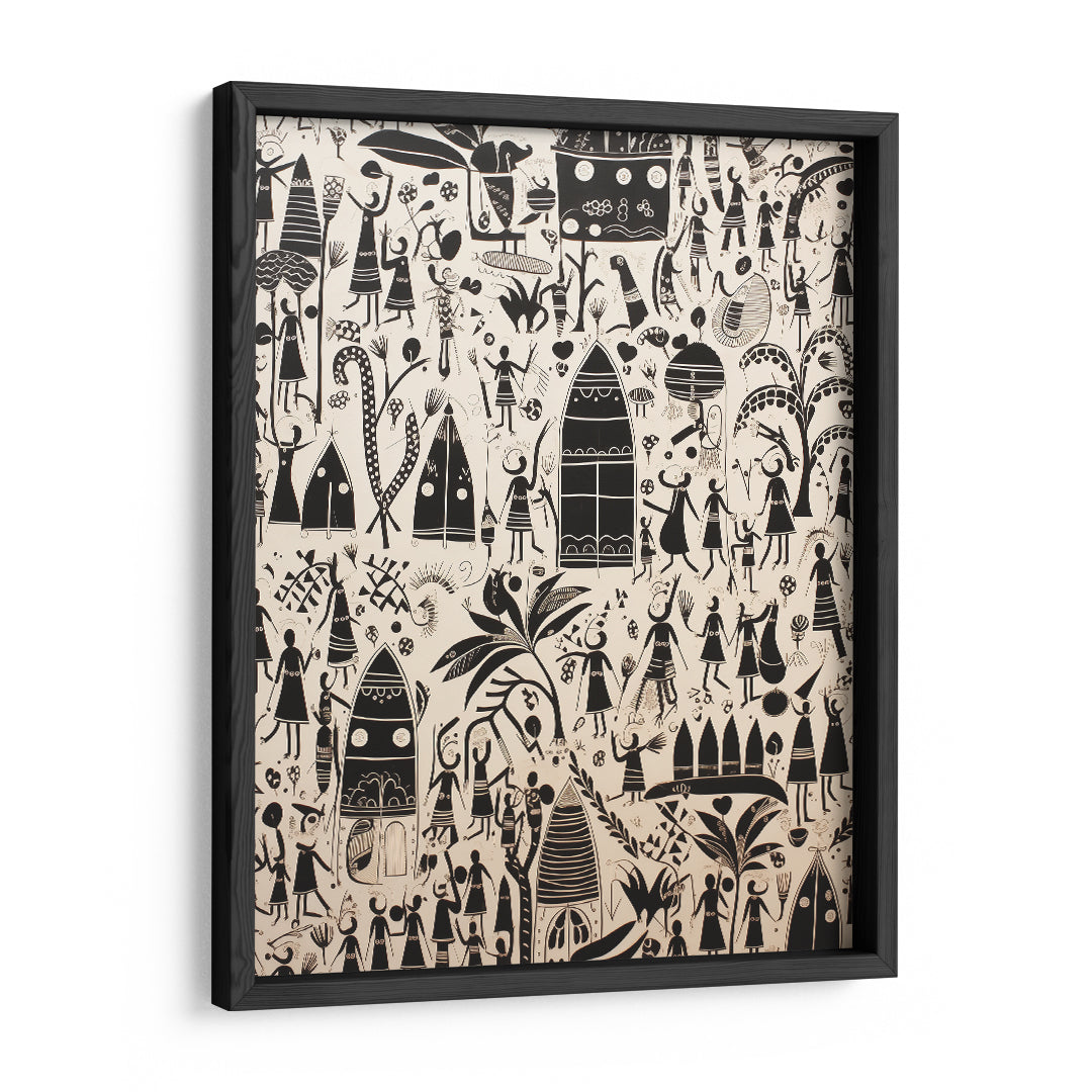 Monochrome Essence of Tribal Village Life Wall Art Frame