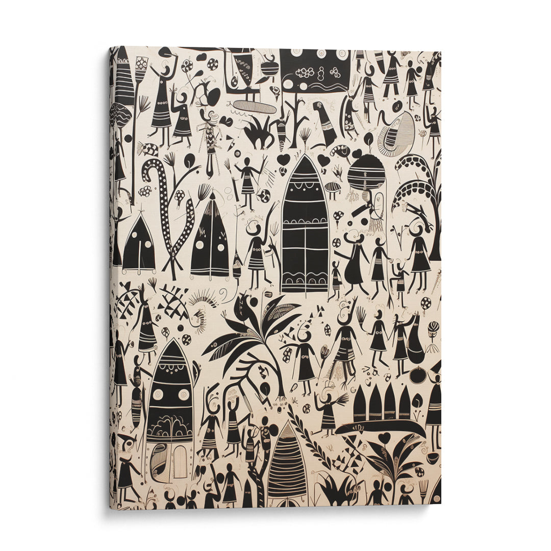 Monochrome Essence of Tribal Village Life Wall Art Frame