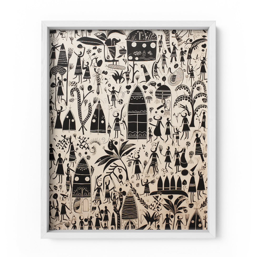 Monochrome Essence of Tribal Village Life Wall Art Frame